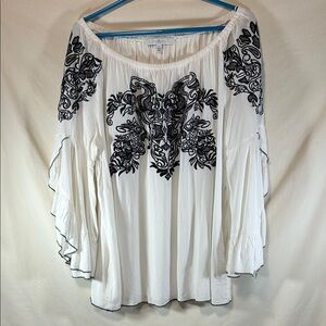 Fever Woman’s Boho White Off-Shoulder Top with Black Embroidered Detail